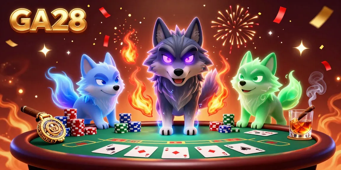 Engage with GA28's thrilling poker scene featuring dynamic 3D characters, vibrant chips, and festive elements.