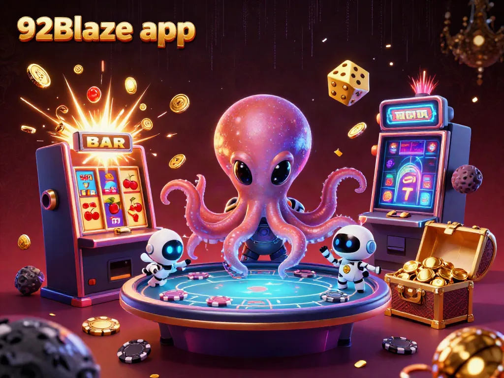 Engage with the vibrant 92Blaze app illustration featuring alien characters and a jackpot atmosphere.