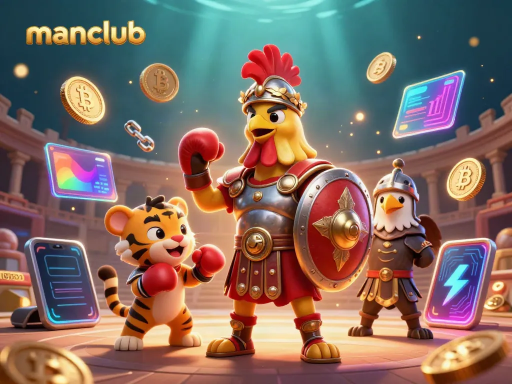 manclub features a gladiator rooster and tiger cub in a vibrant casino scene full of cryptocurrency elements.