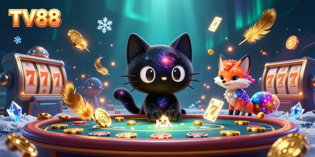 Experience thrilling gameplay with TV88, featuring a cosmic casino scene with dynamic characters and vibrant elements.