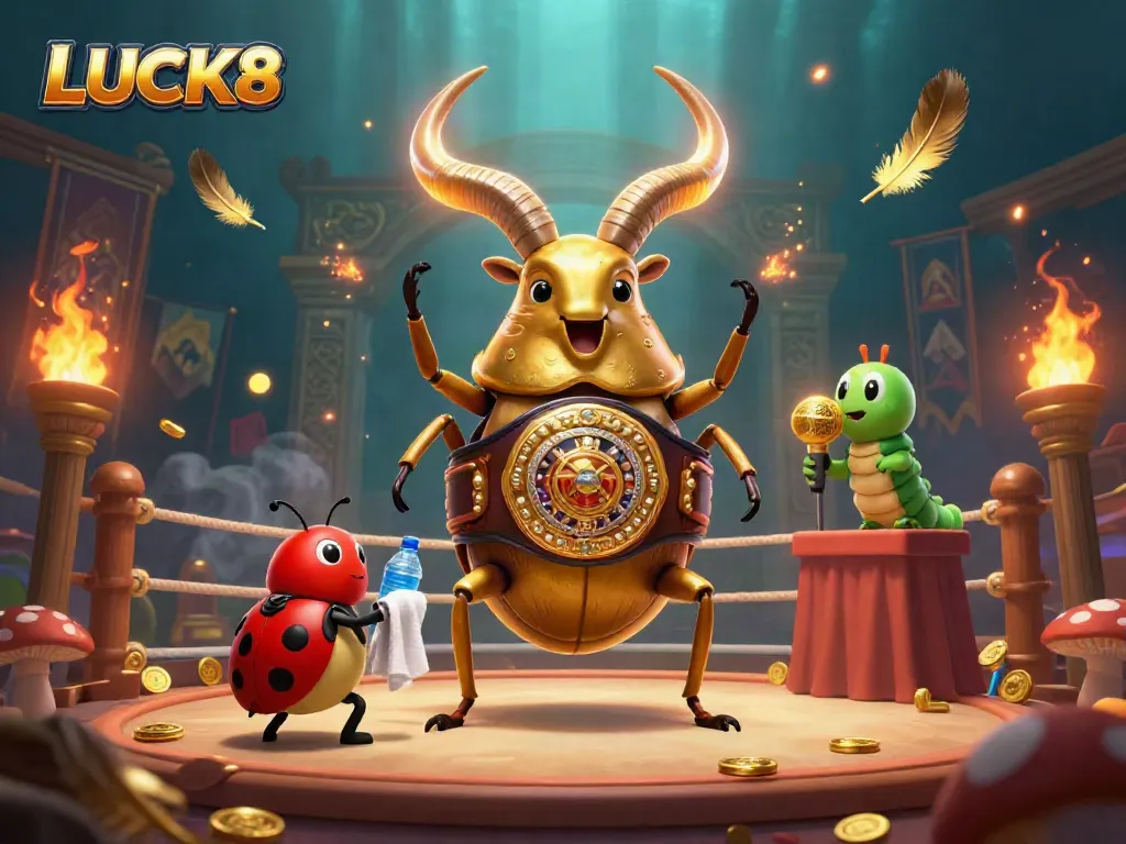 Action-packed LUCK8 casino scene featuring a giant golden stag beetle and a ladybug, surrounded by swirling golden feathers and coins.