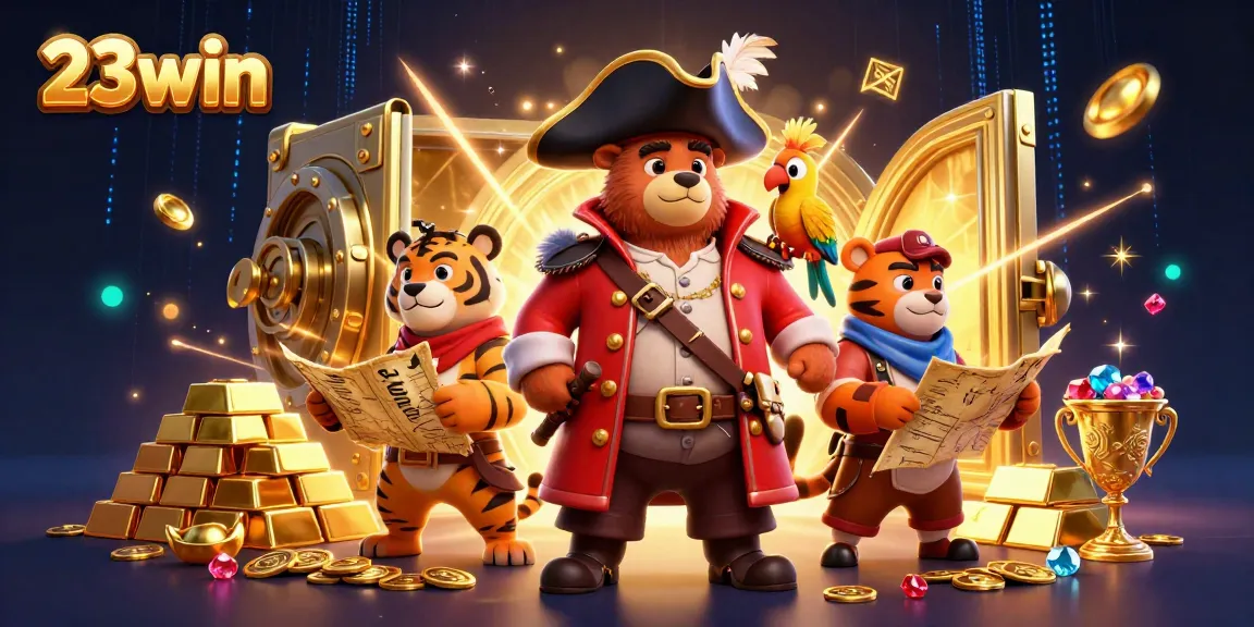 Engage in thrilling adventures at 23win with a vibrant casino-themed illustration featuring winning treasures and playful characters.