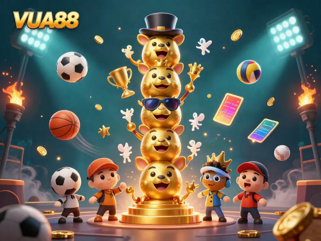 VUA88 casino scene featuring a dynamic 3D totem pole with sports elements and glowing effects.