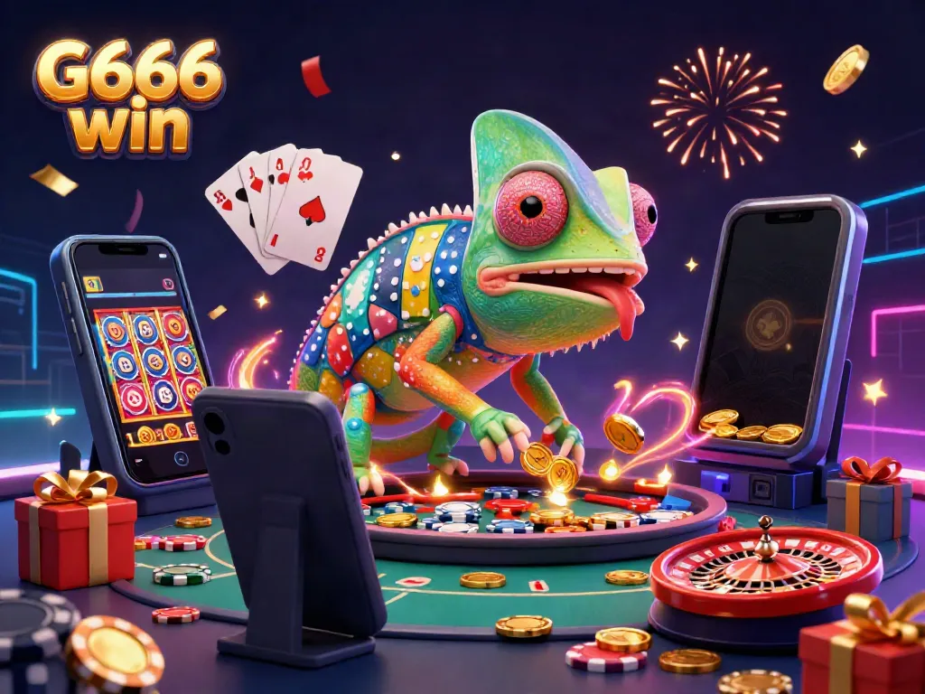 Experience the thrill of G666 win with a vibrant casino scene showcasing a colorful chameleon owner.