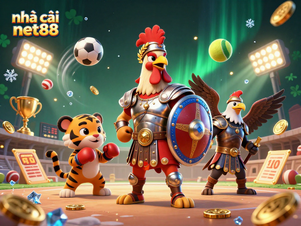 Engage with the exciting world of nhà cái net88 through this vibrant 3D illustration of a gladiator rooster and sports-themed elements.