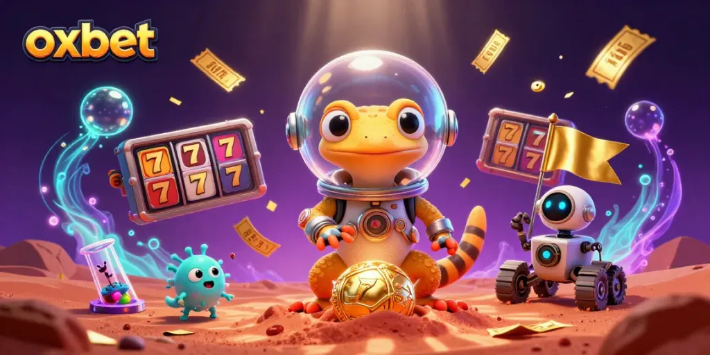 Experience the excitement of oxbet with a Martian gecko discovering a golden casino surrounded by vibrant slot game elements.