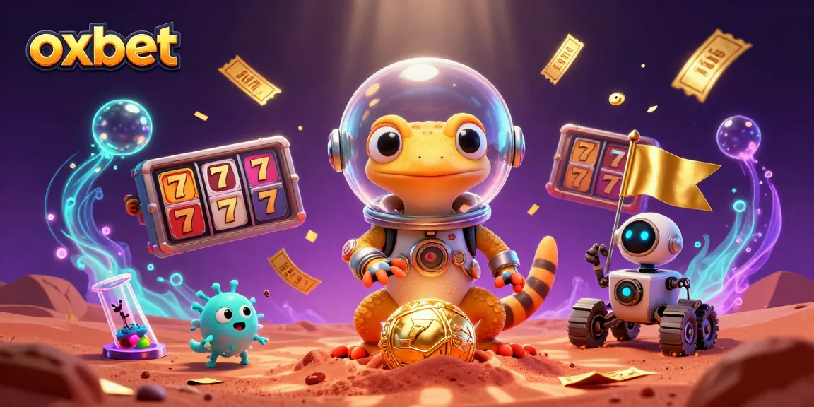 Experience the excitement of oxbet with a Martian gecko discovering a golden casino surrounded by vibrant slot game elements.