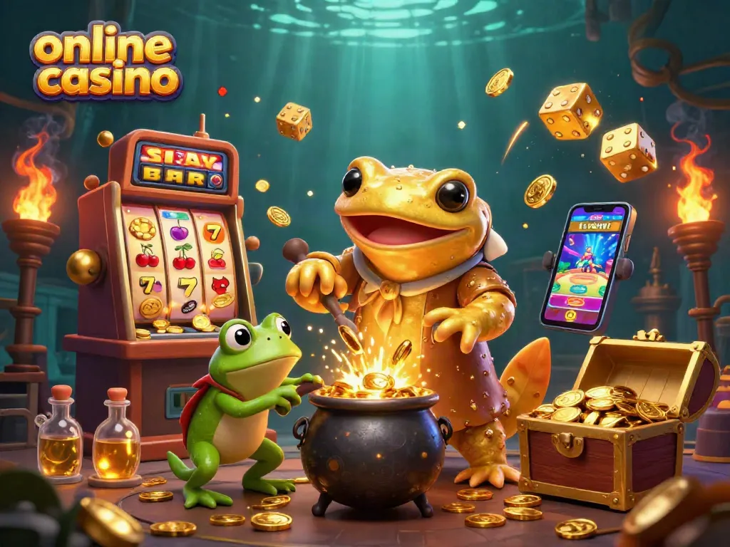 Experience an exciting online casino scene featuring vibrant characters, vibrant slot machines, and treasure galore.