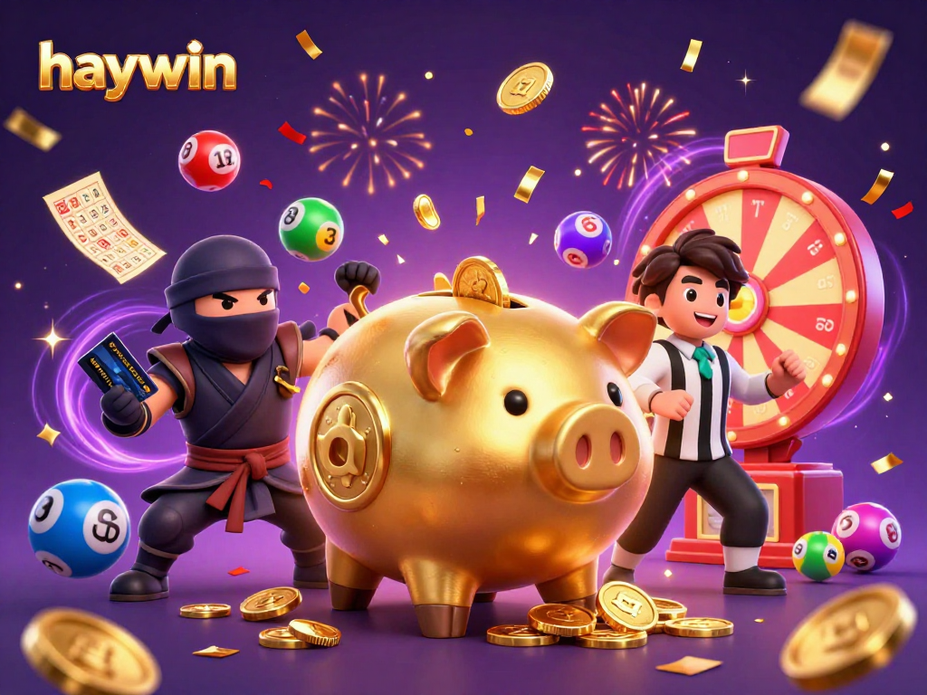 Experience thrilling wins with haywin as a golden piggy bank sumo wrestler shakes coins in a vibrant casino scene.