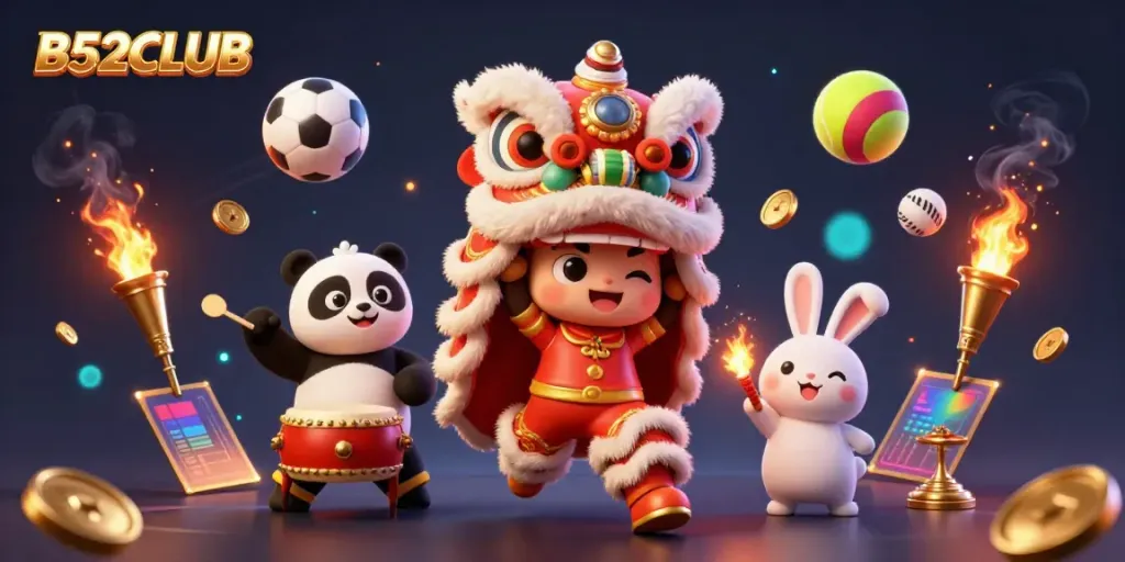 Engage with B52CLUB's thrilling lion dance and gaming elements in a vibrant casino atmosphere.