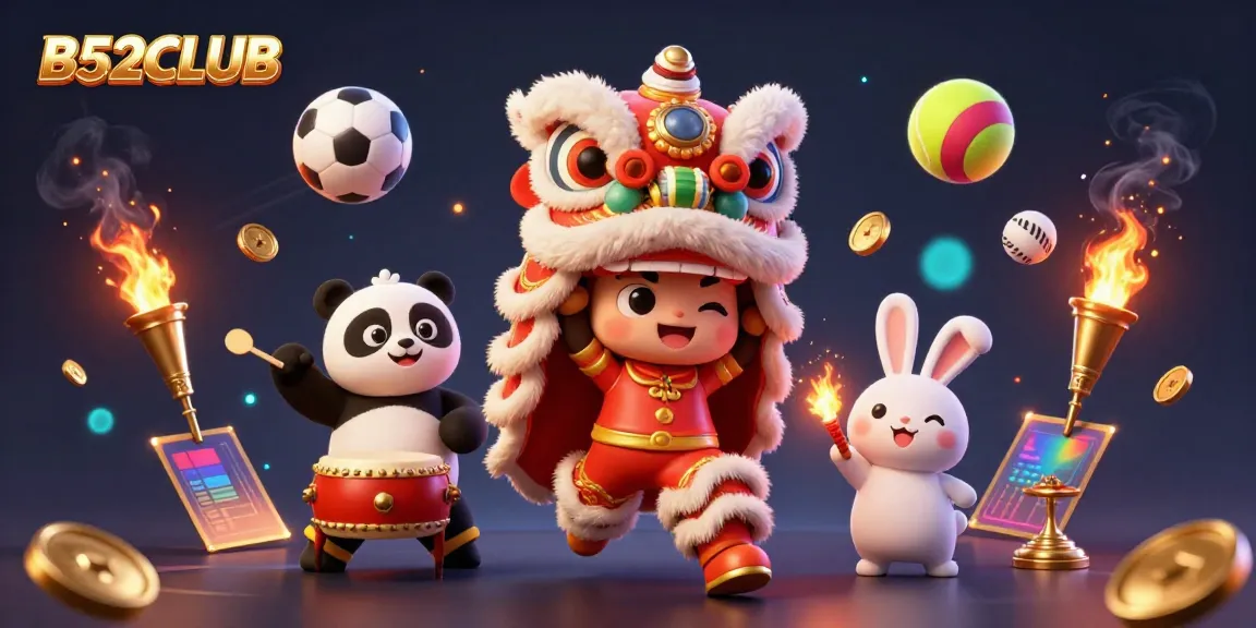 Engage with B52CLUB's thrilling lion dance and gaming elements in a vibrant casino atmosphere.