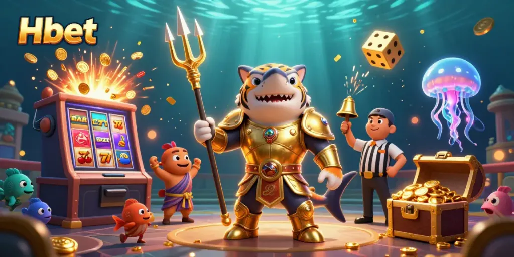 Engage in thrilling gaming at Hbet with an underwater casino scene featuring sharks and jackpots.