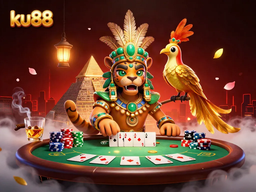 Engage with ku88 through a vibrant casino scene featuring Mayan priest and quetzal, showcasing poker excitement.