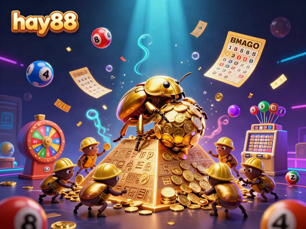 Experience the thrill of hay88 with a vibrant 3D scene featuring golden dung beetles and dynamic gaming elements.