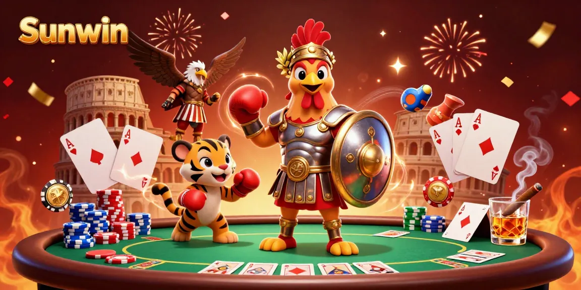 Engage with exciting gaming moments at Sunwin, featuring a dynamic 3D scene with a gladiator rooster and vibrant poker elements.