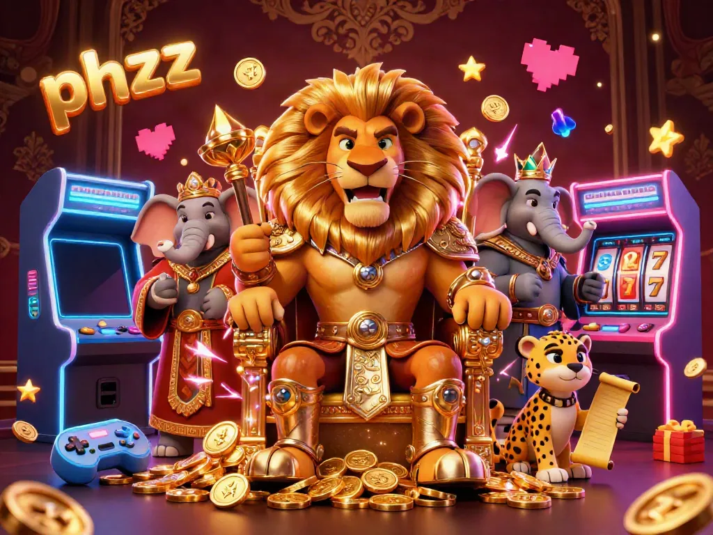 Experience the thrill of phzzz in this vibrant casino scene featuring a lion king and enchanting game elements.