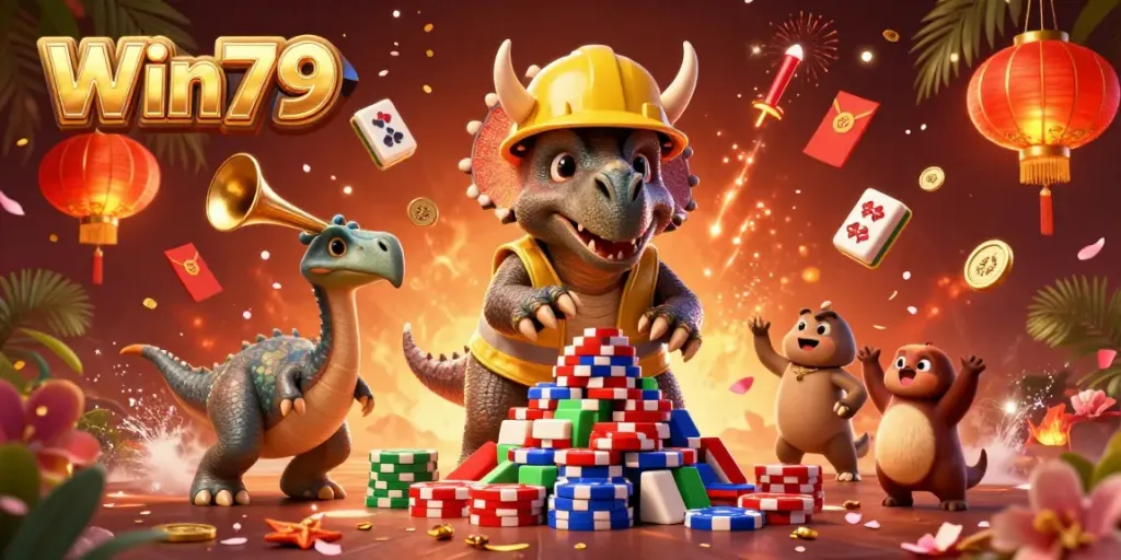 Win79 triceratops building poker chip pyramid with festive elements in a dynamic casino scene.