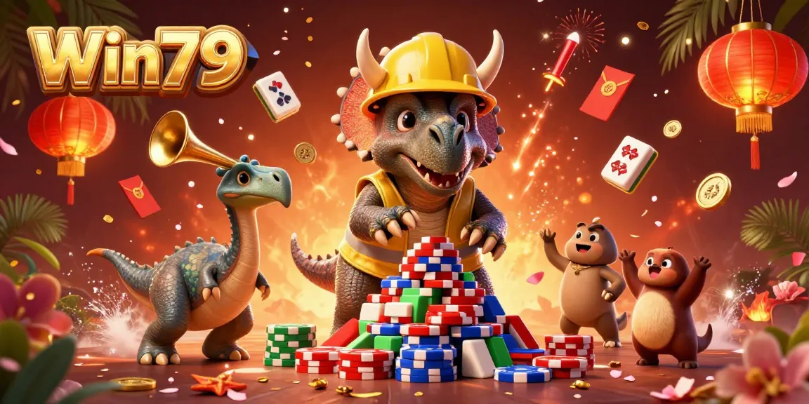 Win79 triceratops building poker chip pyramid with festive elements in a dynamic casino scene.