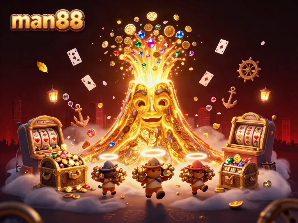 Experience the thrill of man88 with an erupting casino volcano, treasure, and vibrant gems sprinkled throughout.