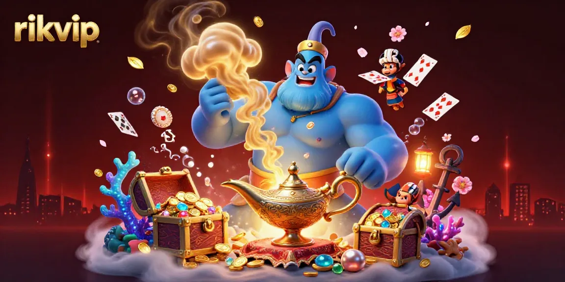 Experience awesome gameplay at rikvip with a dazzling genie and magical elements in a vibrant casino setting.