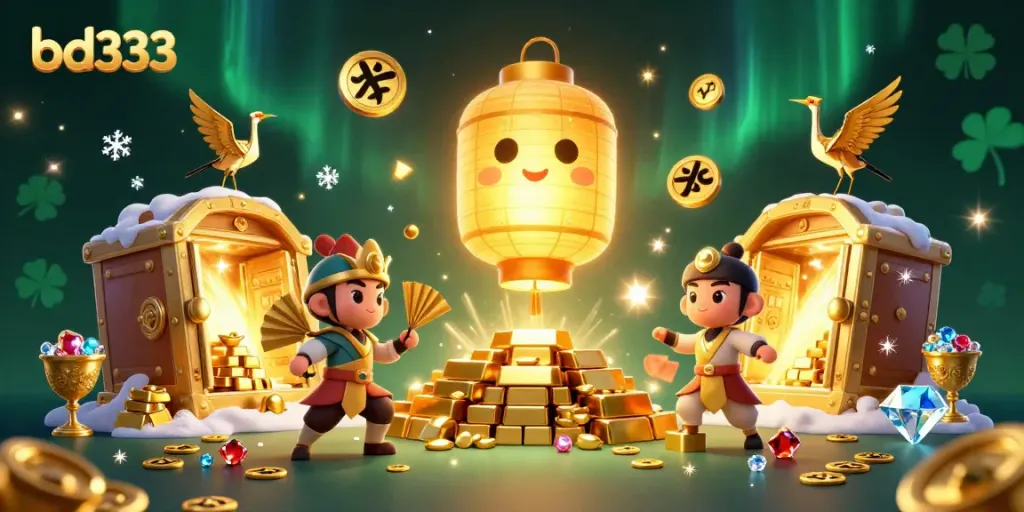 Experience bd333's vibrant casino culture with a glowing lantern spirit guiding players to treasure.