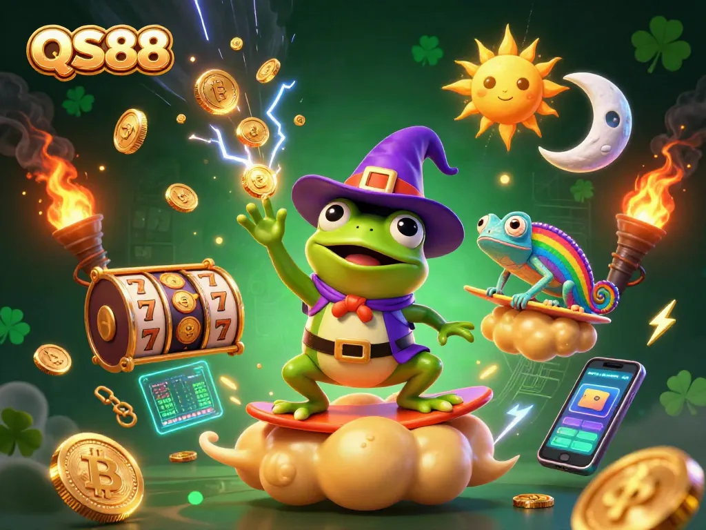 Engage with the QS88 slots experience as the weather wizard frog showers golden coins amidst electric action.
