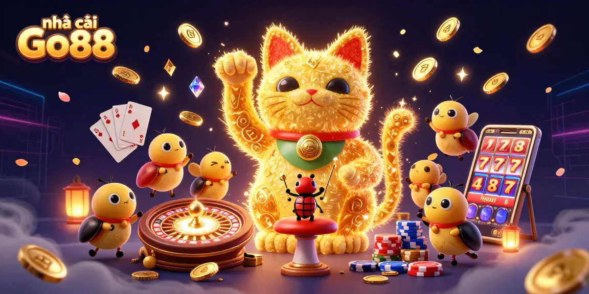 Engage with the lucky cat symbolizing nhà cái Go88 amidst vibrant casino elements.