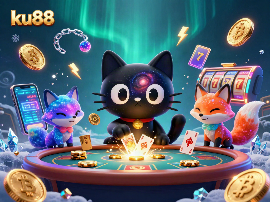 ku88 entertains with a cosmic casino scene featuring colorful characters and crypto elements.