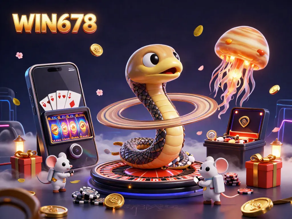 Engage in exciting gaming action with WIN678, featuring a cosmic dealer, astronaut mice, and a roulette wheel.