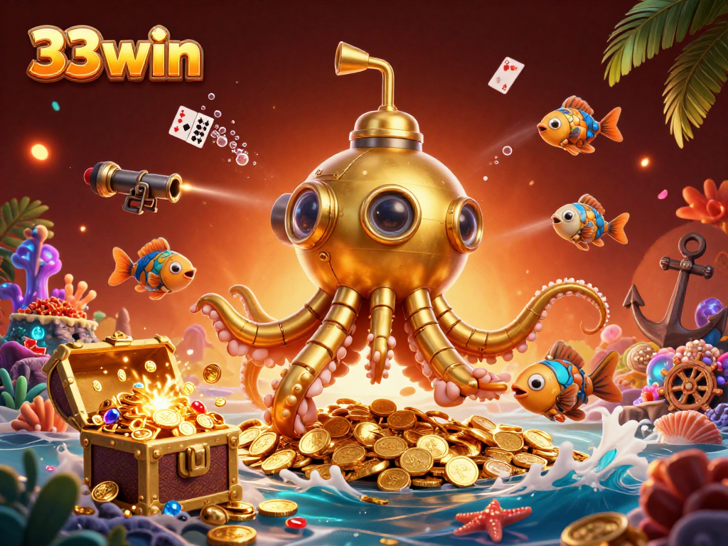 Experience the thrill of playing 33win with stunning visuals of a golden kraken submarine in action!