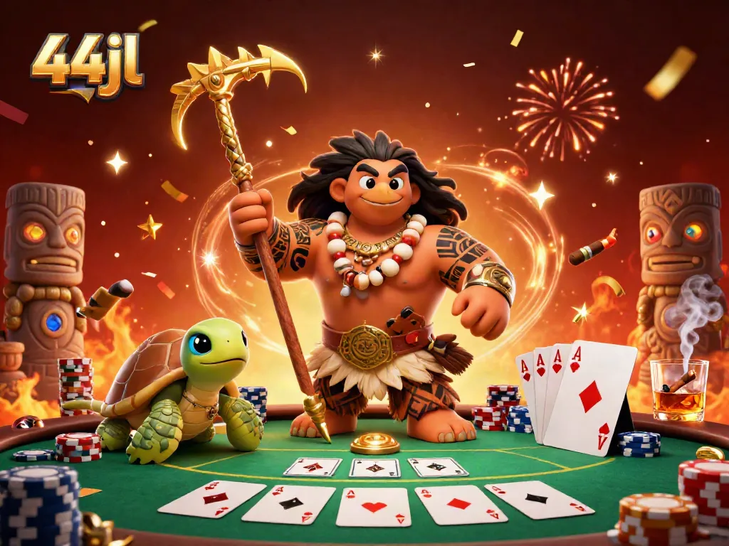 Engage in thrilling poker action at 44jl with colorful chips and lively characters in a dynamic casino scene.