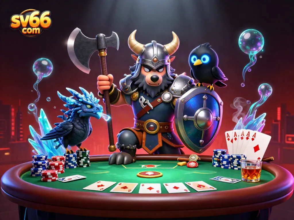 Engage in thrilling gameplay at sv66 com, featuring an epic Viking wolf warrior, a fierce dragon, and vibrant poker elements.