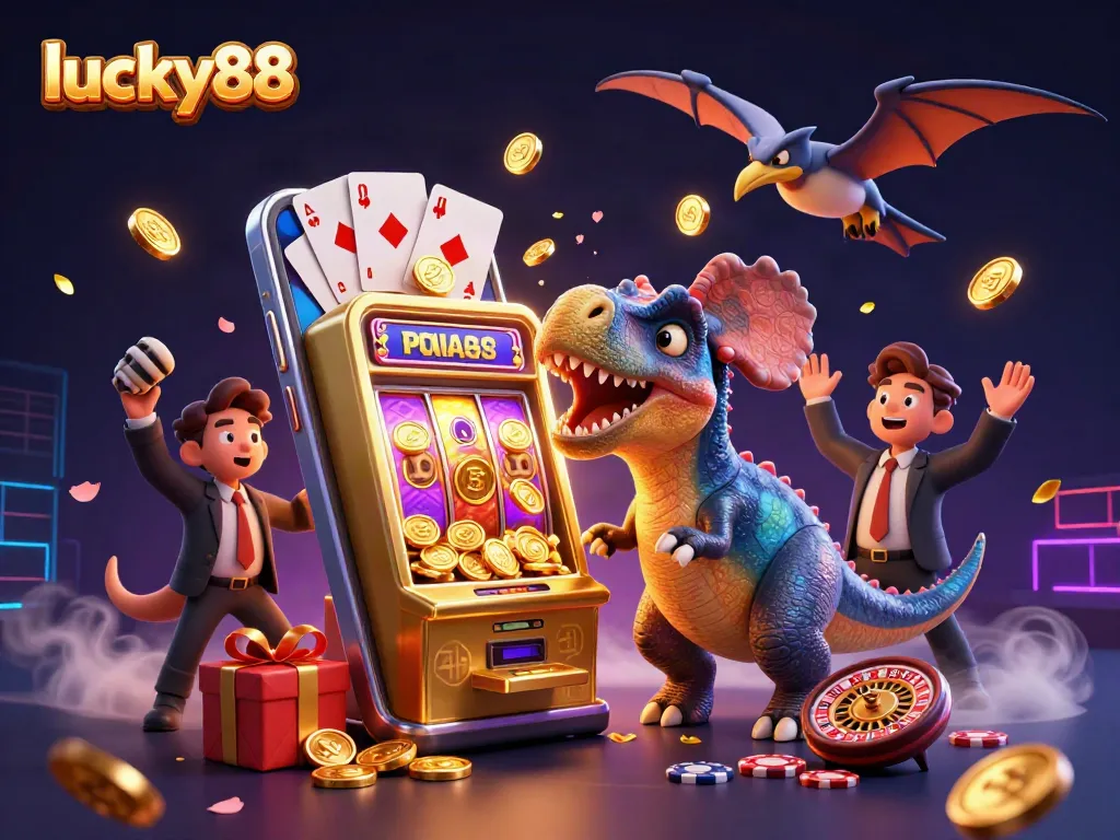 lucky88 slot machine jackpot illustration with characters animatedly celebrating winnings