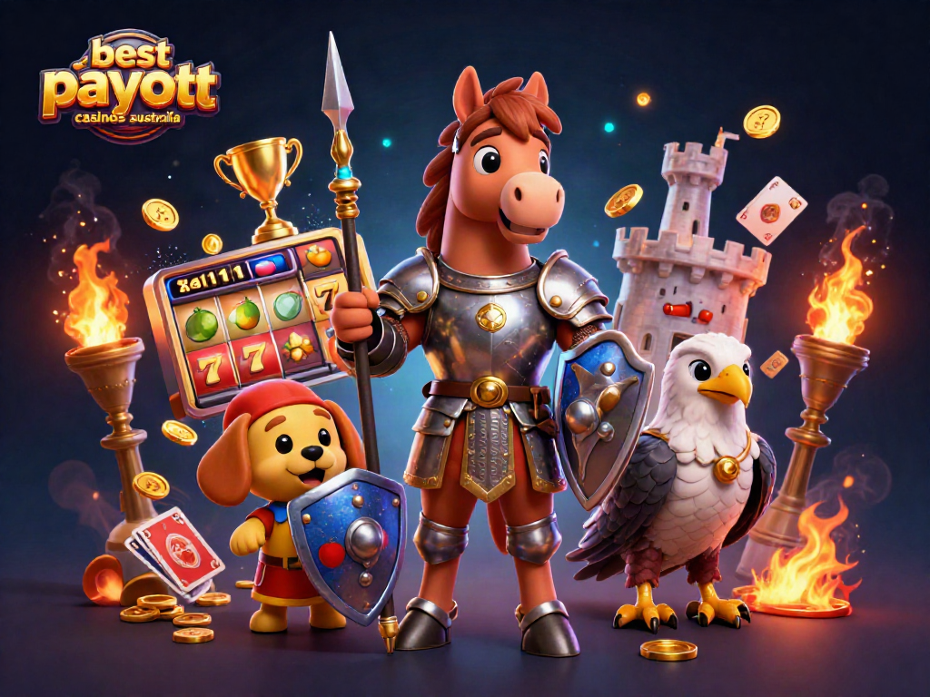 Engage with the best payout casinos australia featuring a knight, squire, and falcon in a vibrant casino setting.