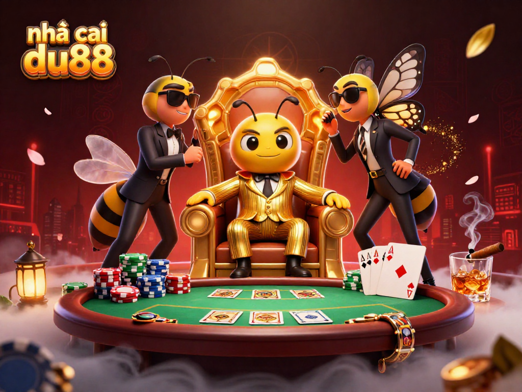 Experience the excitement of nhà cái du88 with a vibrant illustration of a poker scene led by a bumblebee mob boss.