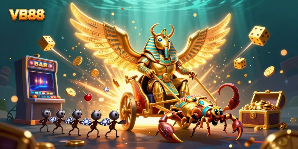 VB88 casino adventure with a golden scarab beetle and scorpions amidst a slot machine jackpot explosion.