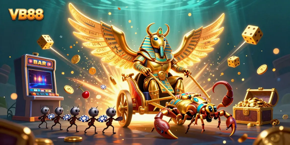 VB88 casino adventure with a golden scarab beetle and scorpions amidst a slot machine jackpot explosion.