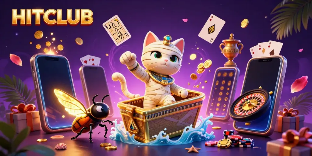 Experience HITCLUB's vibrant gaming scene with a mummy cat and golden scarab in a pyramid casino.