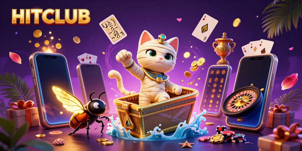 Experience HITCLUB's vibrant gaming scene with a mummy cat and golden scarab in a pyramid casino.