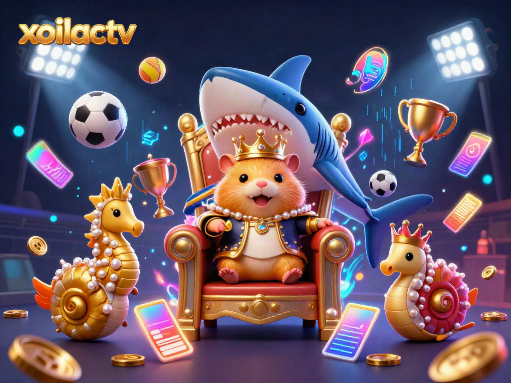 Xoilactv showcases a fierce hamster king on a megalodon shark throne surrounded by betting elements, symbolizing exciting gaming experiences.
