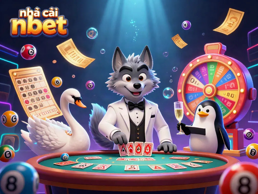Experience the vibrant world of nhà cái nbet with a playful gambling illustration featuring a wolf, swan, and penguin.