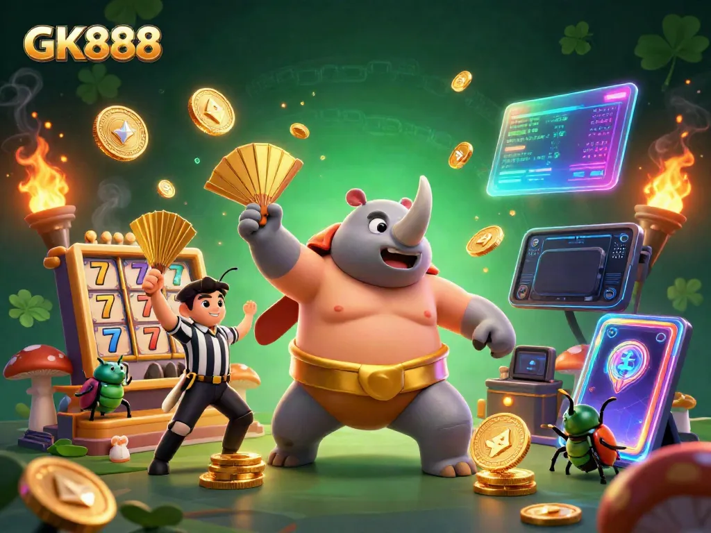 Witness the GK888 emblem in a dynamic 3D casino scene with vibrant slots and colorful coins.