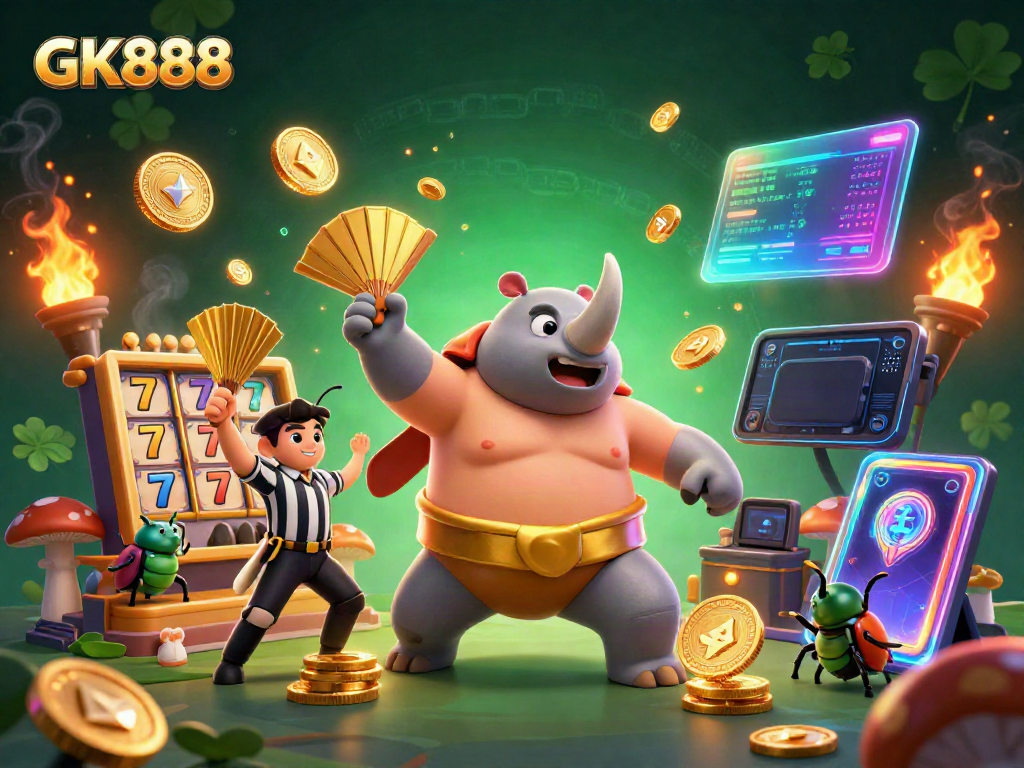 Witness the GK888 emblem in a dynamic 3D casino scene with vibrant slots and colorful coins.