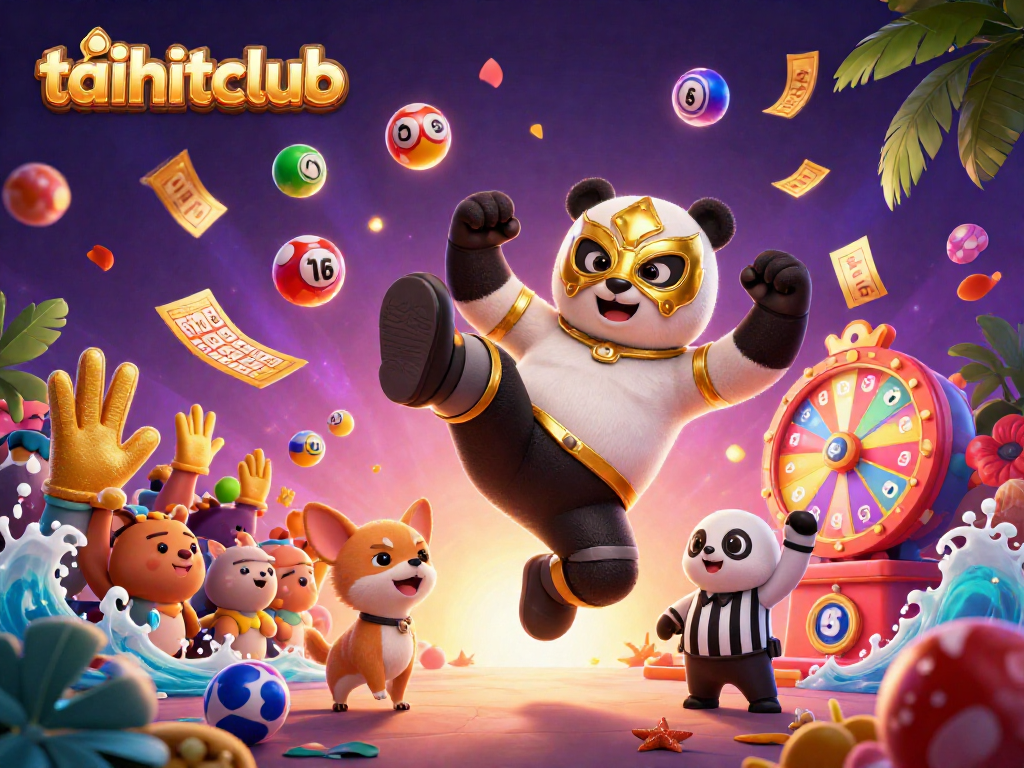 Taihitclub's vibrant lottery scene featuring a panda wrestler and animal spectators.