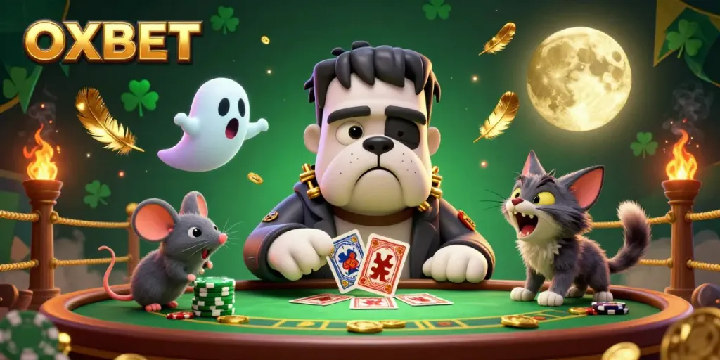 OXBET casino illustration with a Frankenstein bulldog and ghost mouse at a vibrant gaming table.