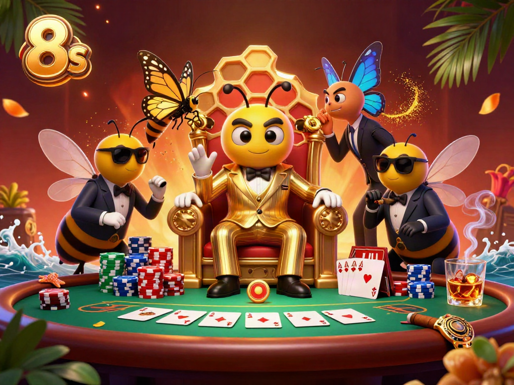 Visualize the 8s casino scene with a mob boss, poker chips, and vibrant atmosphere.