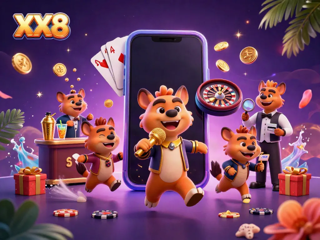 Experience lively hyenas in a dynamic XX8 casino scene, blending comedy and gaming elements.