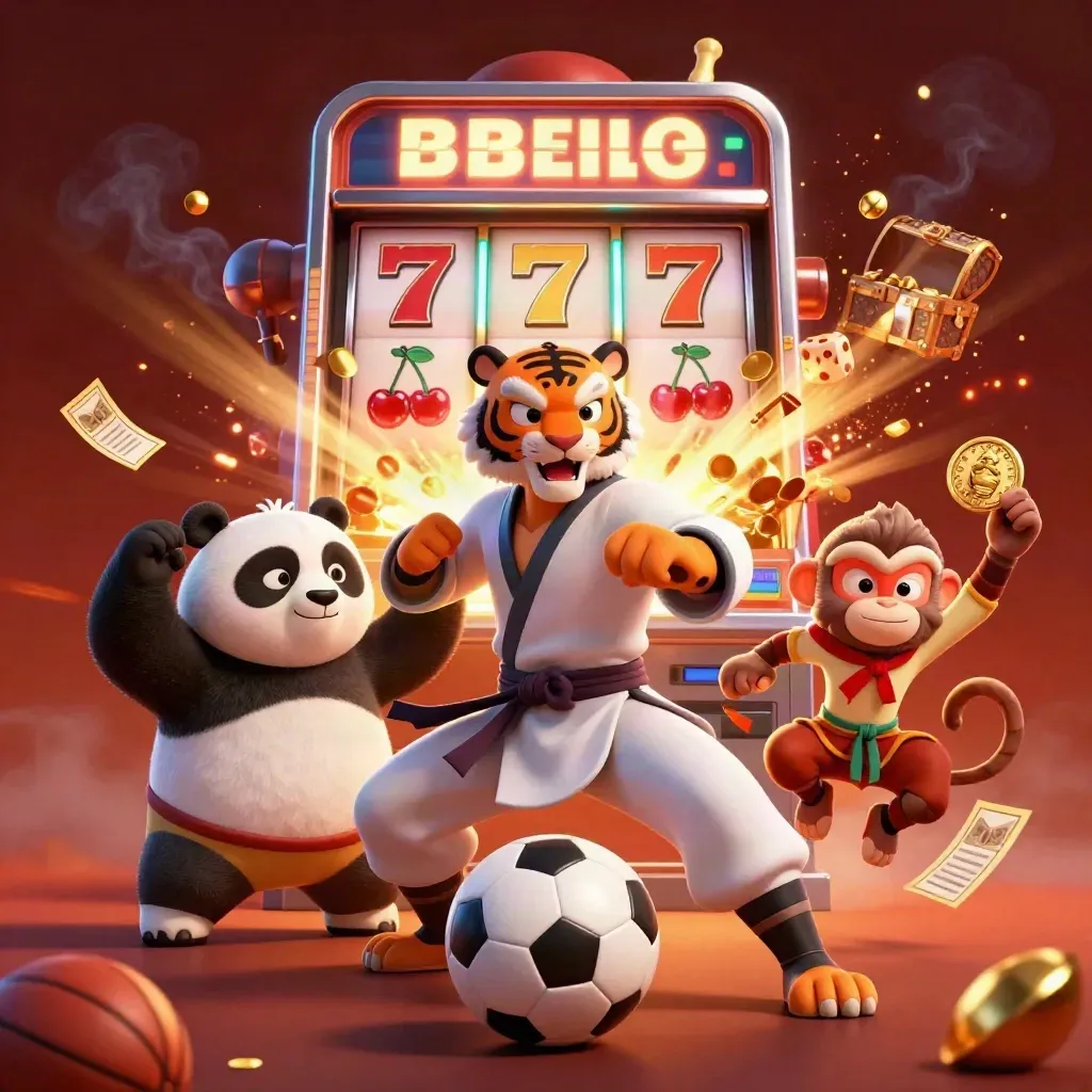 Tiger, panda, and monkey burst through slots, dice, gold, and sports gear in a fiery casino scene.