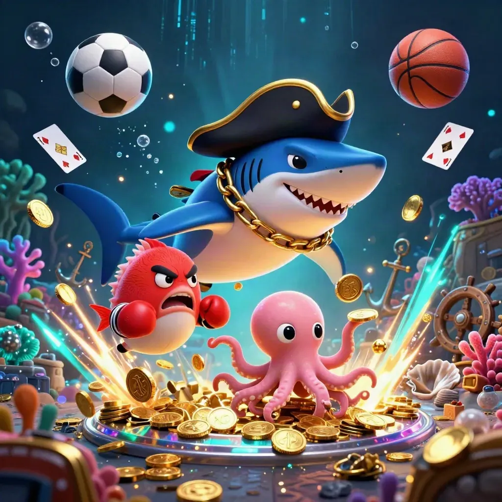Pirate shark, boxing pufferfish, and juggling octopus amid coins, coral, cards, and neon sea treasure.