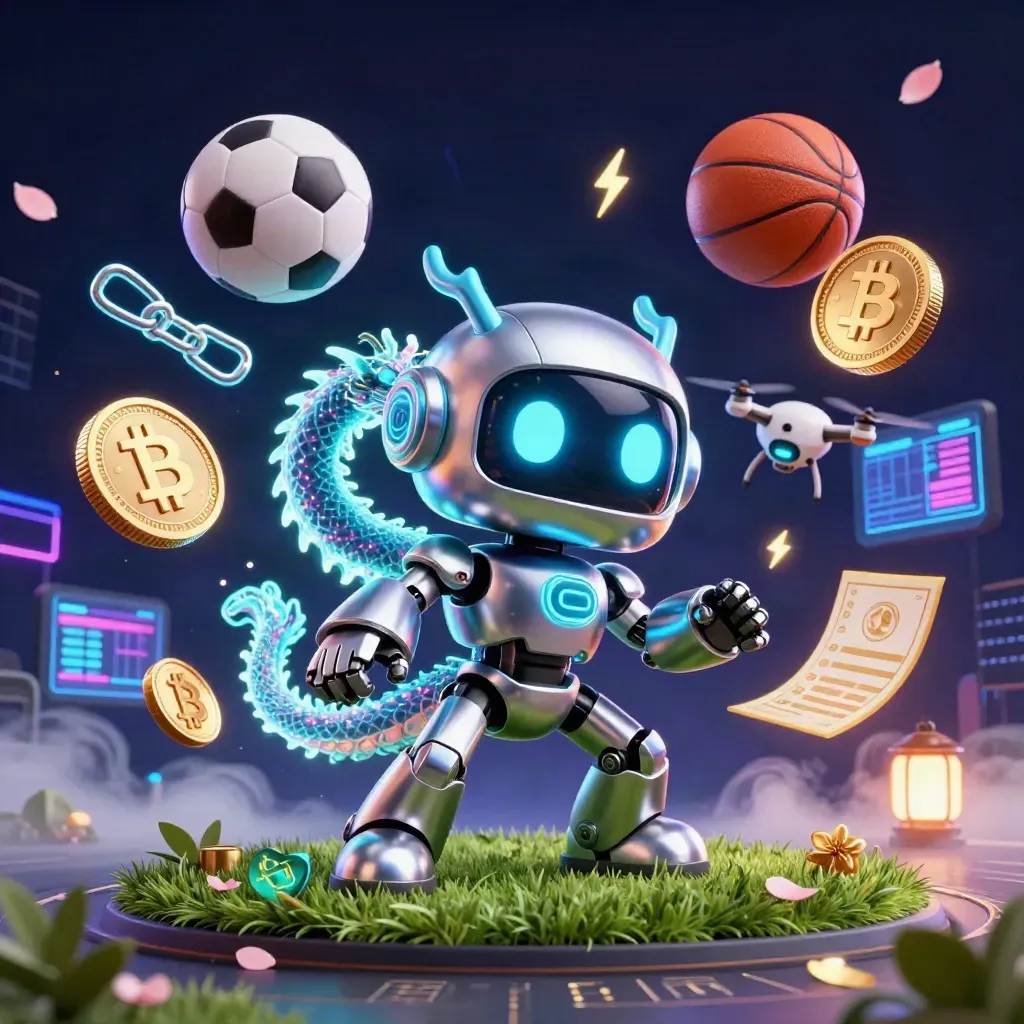 Cyberpunk robot, holographic dragon and coin drone amid frozen soccer and basketball action with neon casino glow